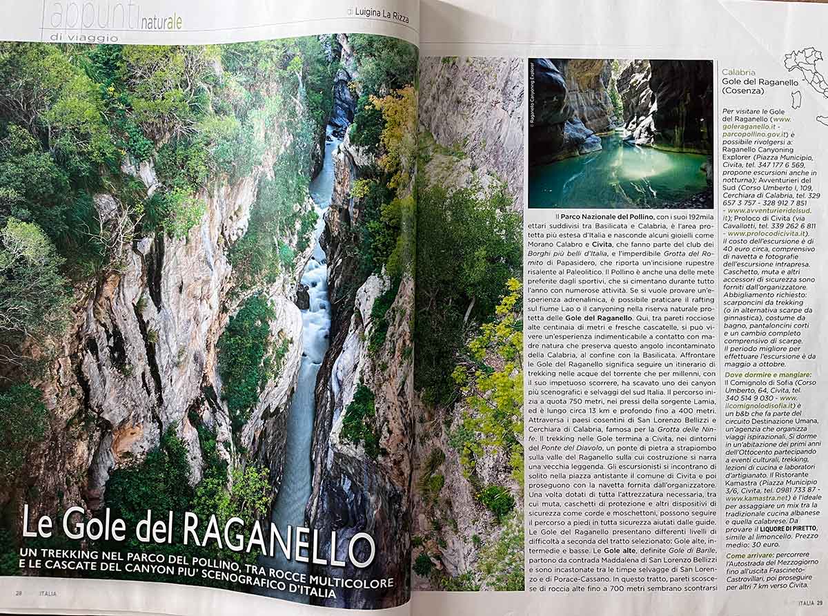 Il mio articolo sulle Gole del Raganello pubblicato su That's Italia nel 2018
